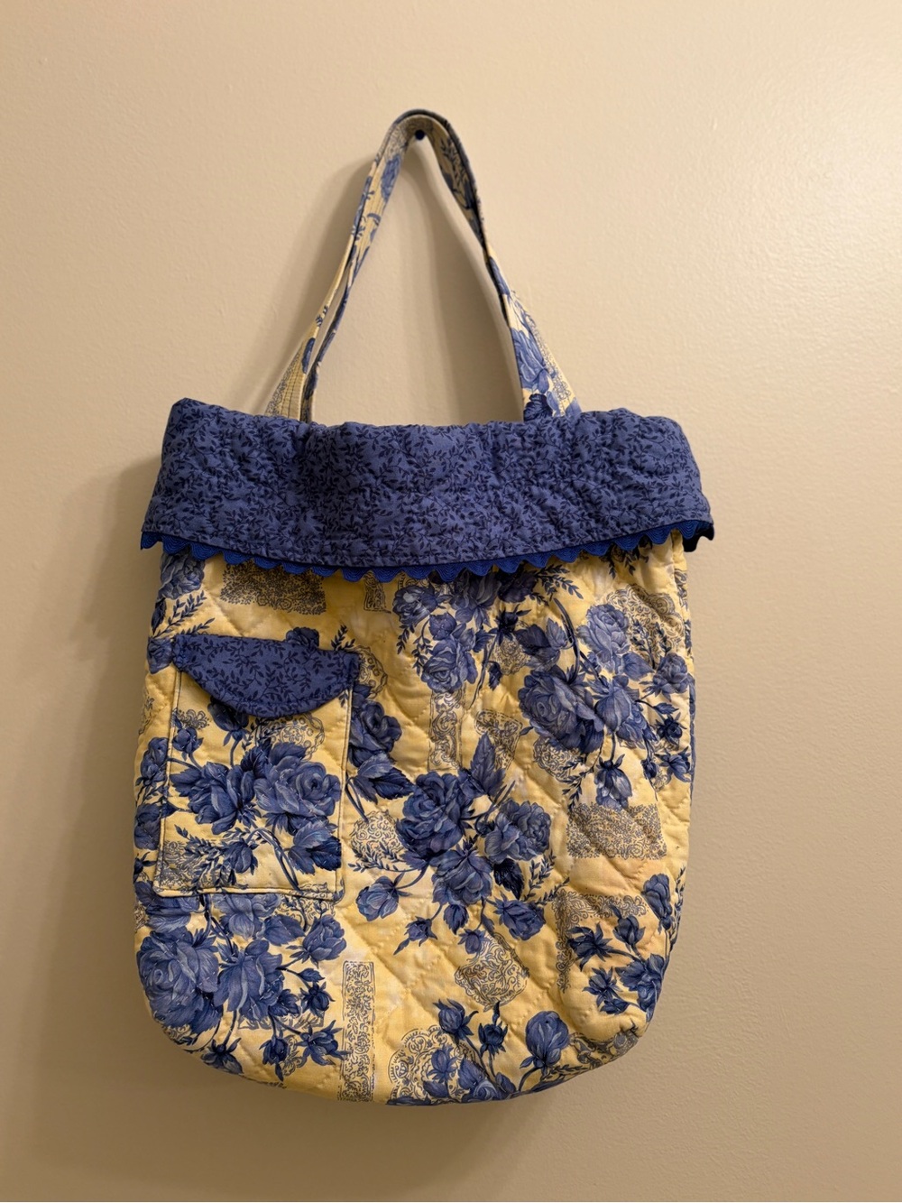 Handmade Quilted Floral Tote Bag in Blue and Cream